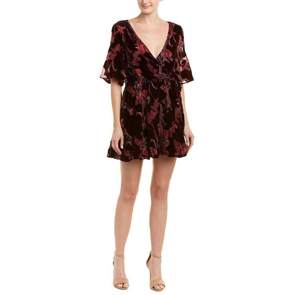 J.O.A. JUST ONE ANSWER Burnout Velvet Wrap Dress Wine Multi XS